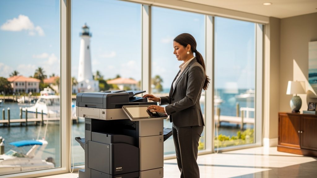 Professional beside an office copier in a Jupiter business office in South Florida