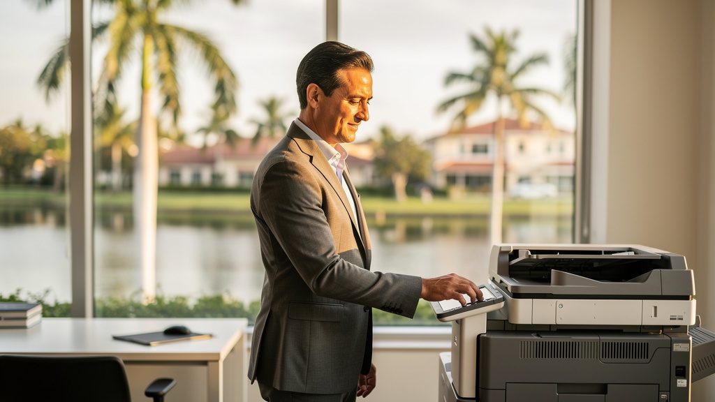 Professional beside an office copier in a Kendale Lakes business office in South Florida