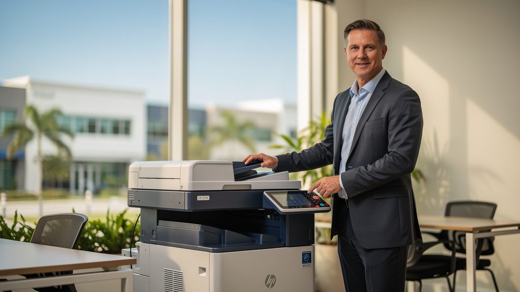Professional beside an office copier in a Kendall West business office in South Florida