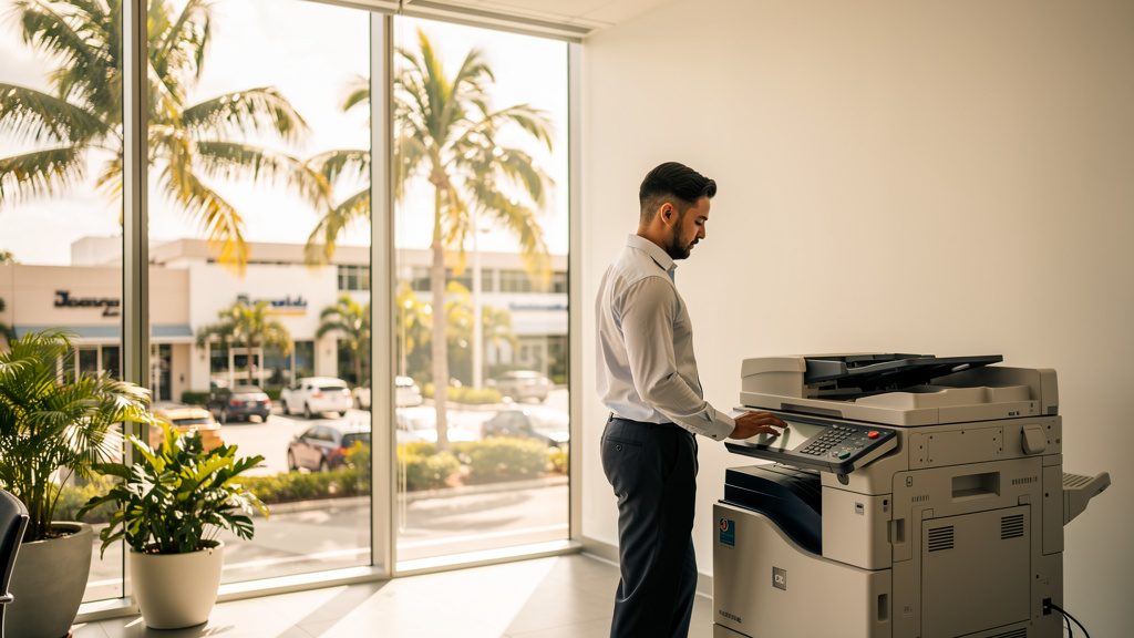 Professional beside an office copier in a Kendall business office in South Florida