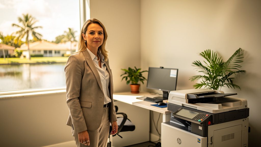 Professional beside an office copier in a Lake Clarke Shores business office in South Florida