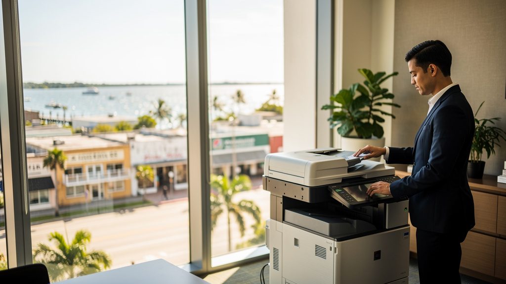 Professional beside an office copier in a Lake Park business office in South Florida