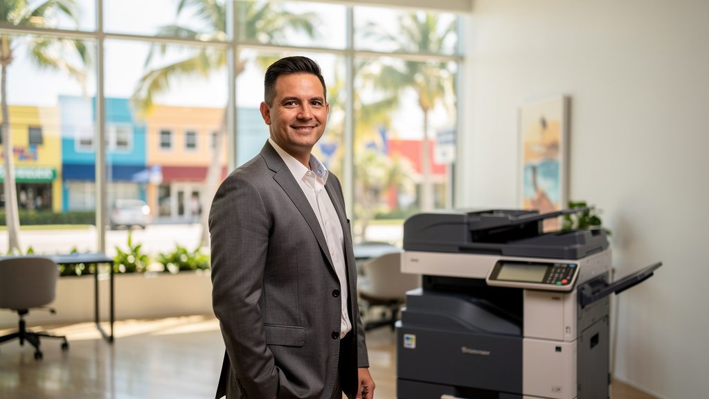 Professional beside an office copier in a Lake Worth Beach business office in South Florida