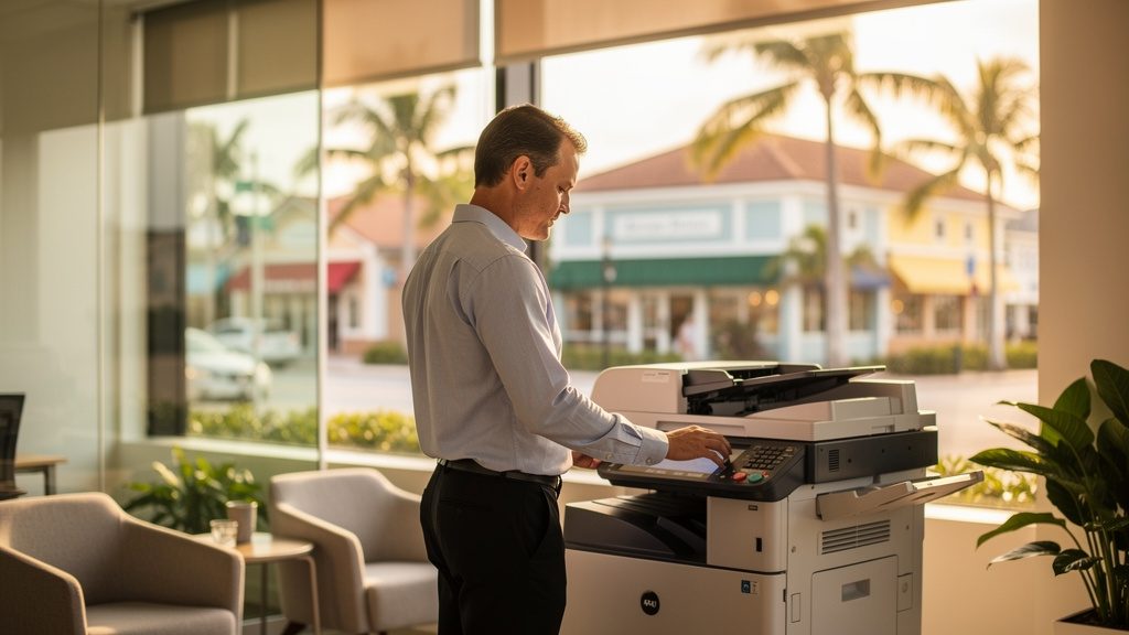Professional beside an office copier in a Lantana business office in South Florida