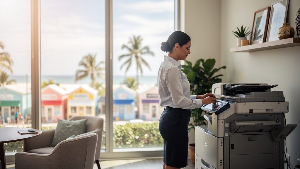 Professional beside an office copier in a Lauderdale-by-the-Sea business office in South Florida