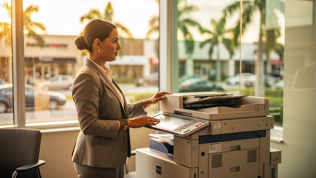 Professional beside an office copier in a Lauderdale Lakes business office in South Florida
