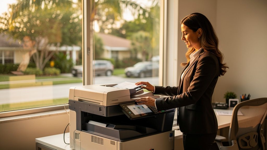 Professional beside an office copier in a Lazy Lake business office in South Florida