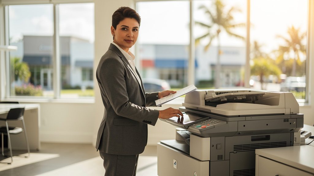 Professional beside an office copier in a Leisure City business office in South Florida