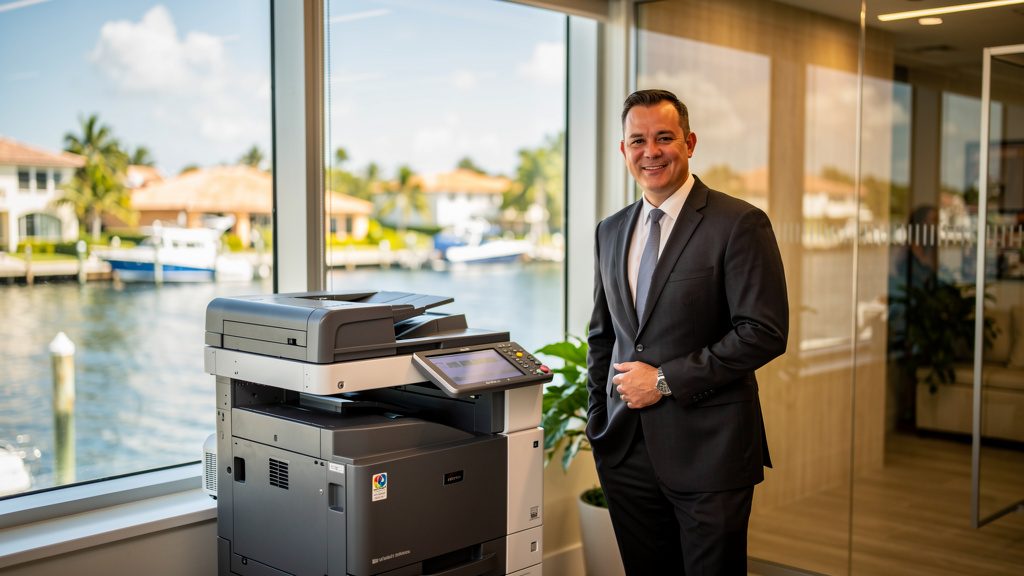 Professional beside an office copier in a Lighthouse Point business office in South Florida