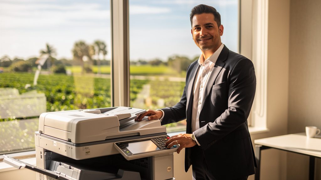 Professional beside an office copier in a Loxahatchee Groves business office in South Florida