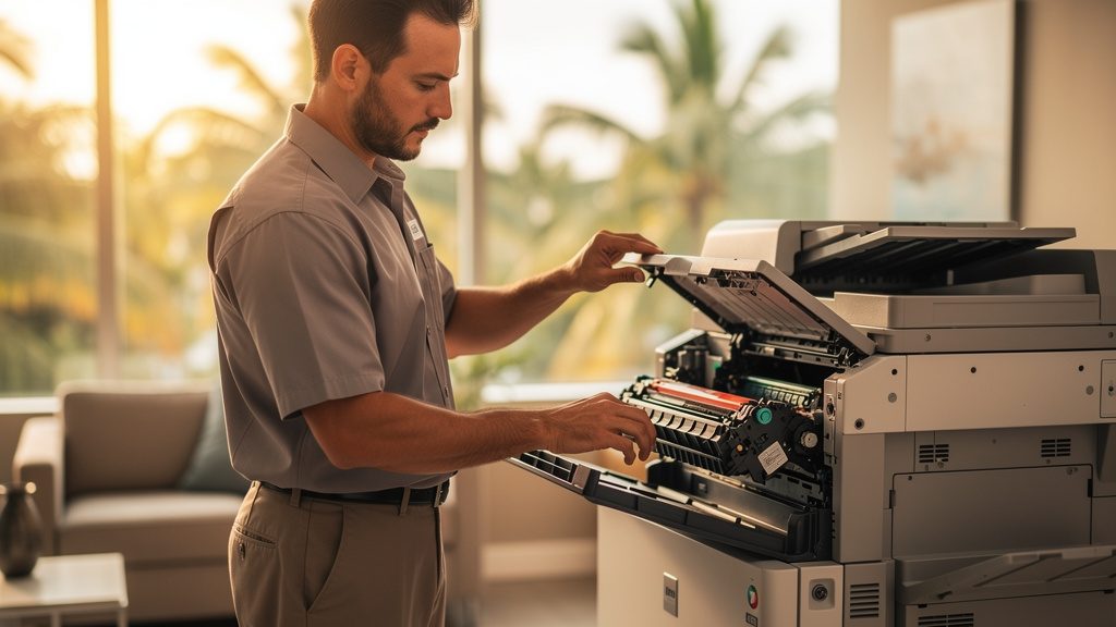 Technician performing preventive maintenance and replacing toner on an office copier