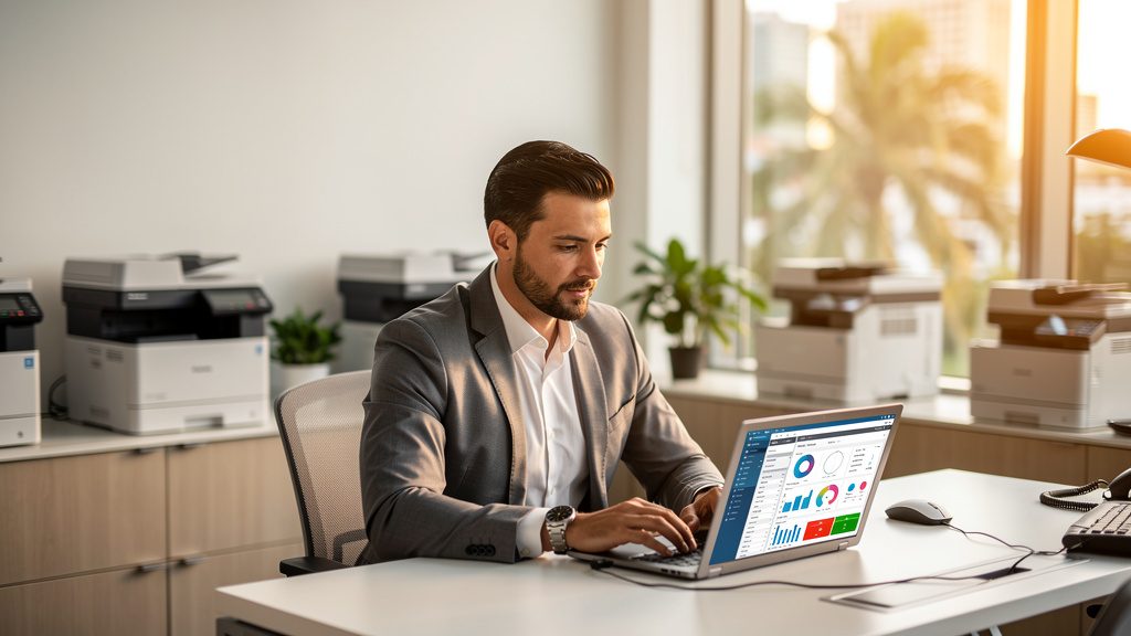 IT manager monitoring a managed print fleet dashboard with networked copiers behind