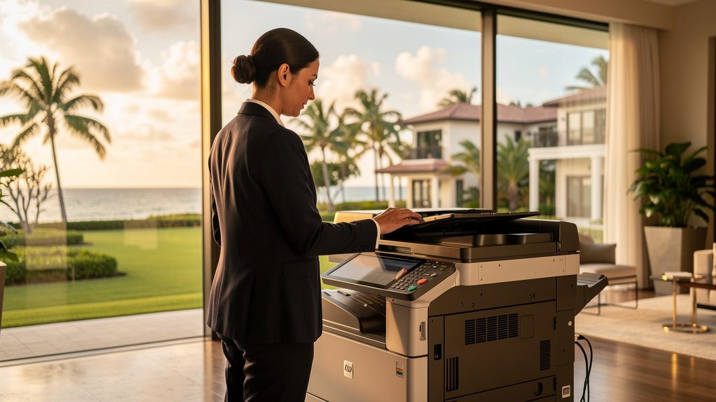 Professional beside an office copier in a Manalapan business office in South Florida