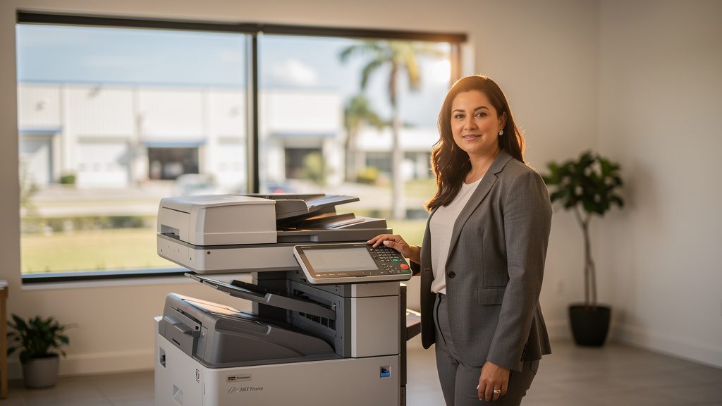 Professional beside an office copier in a Mangonia Park business office in South Florida
