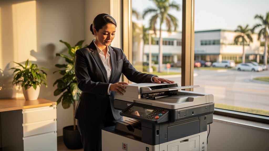 Professional beside an office copier in a Margate business office in South Florida