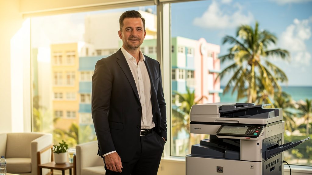 Professional beside an office copier in a Miami Beach business office in South Florida