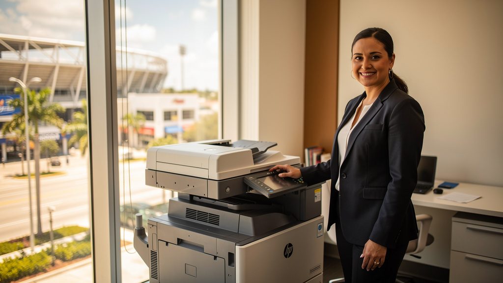 Professional beside an office copier in a Miami Gardens business office in South Florida