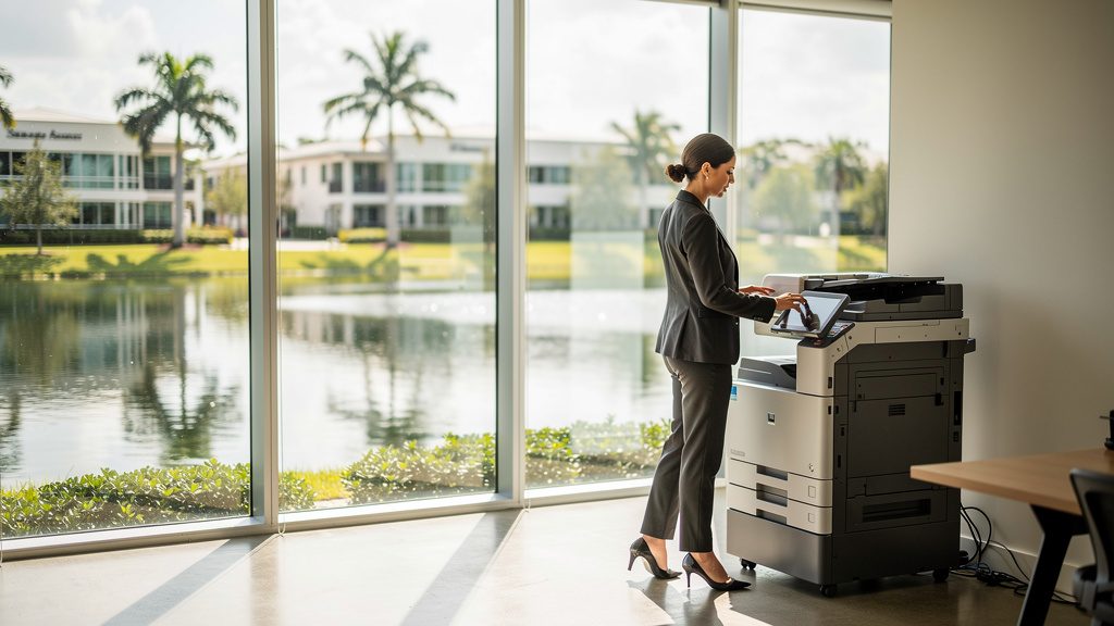 Professional beside an office copier in a Miami Lakes business office in South Florida