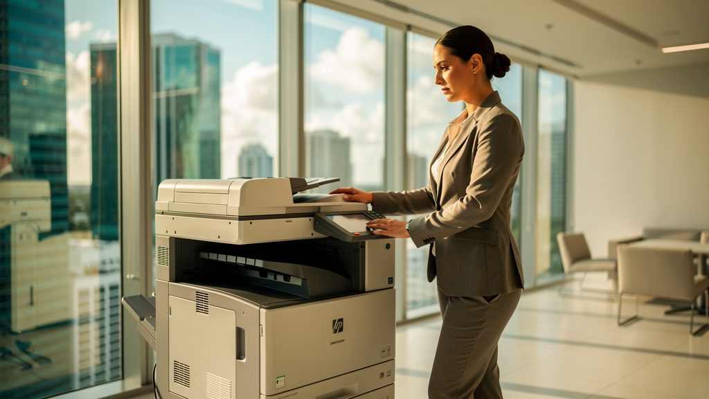 Professional beside an office copier in a downtown Miami Brickell high-rise with skyline view