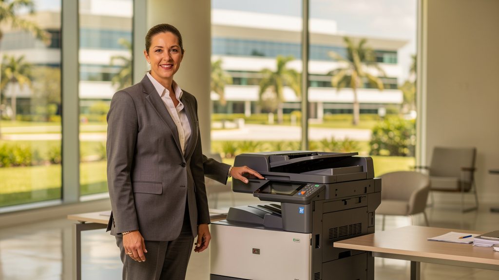 Professional beside an office copier in a Miramar business office in South Florida