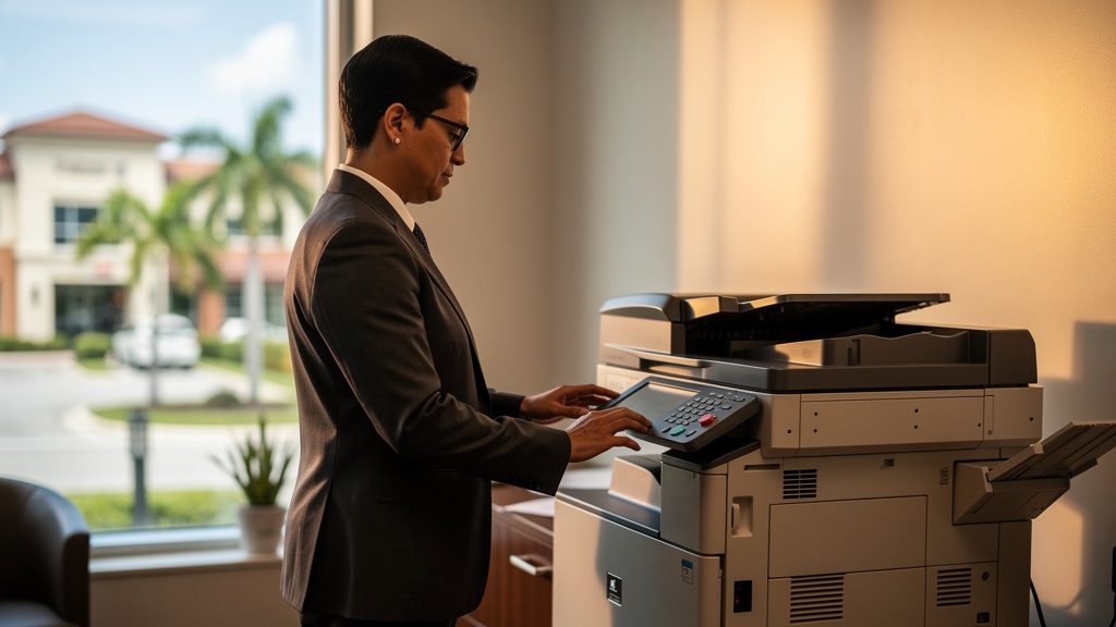 Professional beside an office copier in a North Lauderdale business office in South Florida