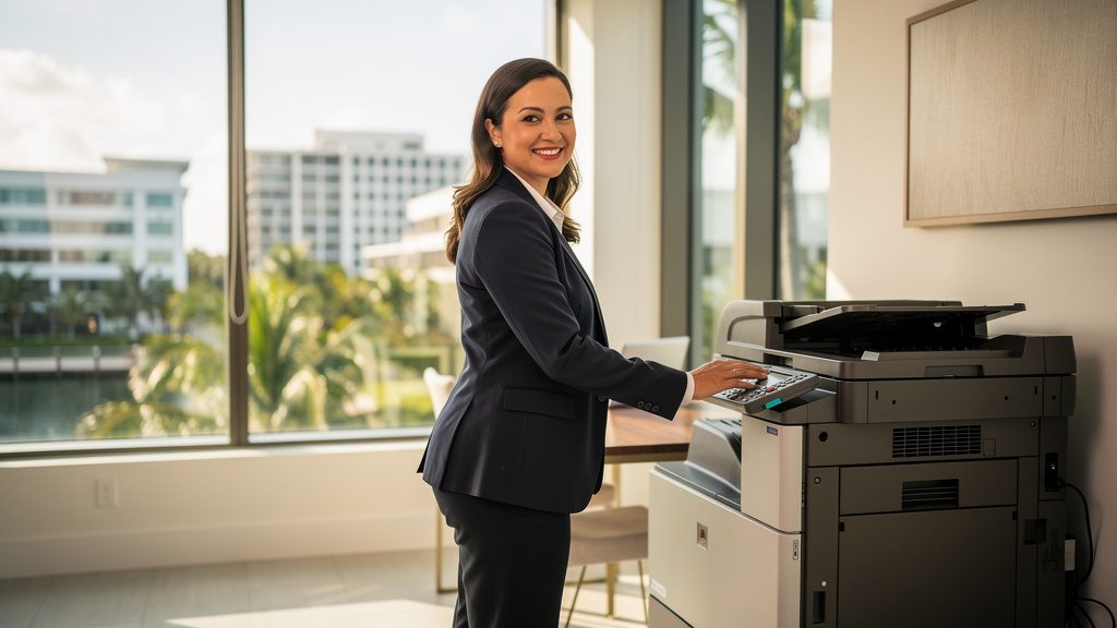 Professional beside an office copier in a North Miami Beach business office in South Florida