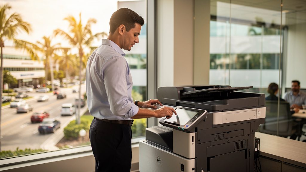 Professional beside an office copier in a North Miami business office in South Florida