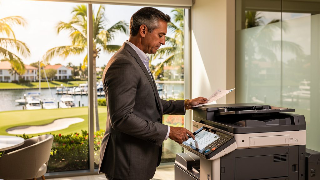Professional beside an office copier in a North Palm Beach business office in South Florida
