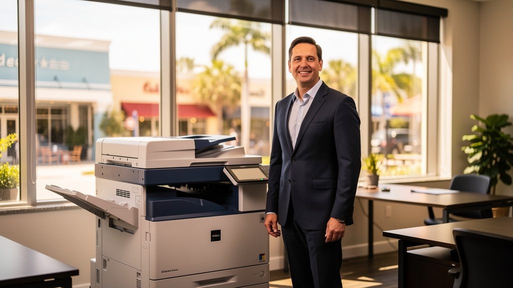 Professional beside an office copier in a Oakland Park business office in South Florida