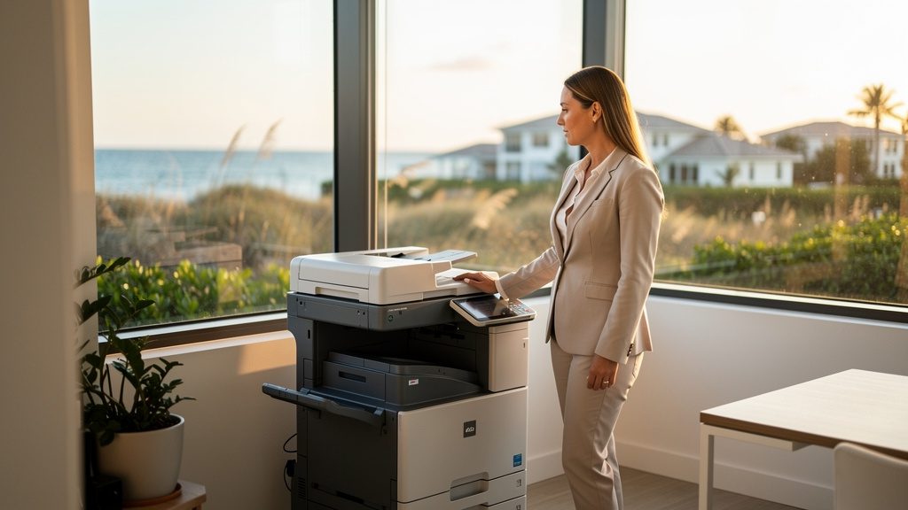 Professional beside an office copier in a Ocean Ridge business office in South Florida