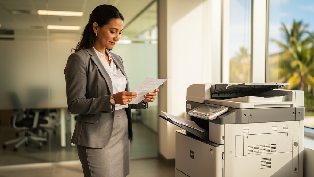 Office manager reviewing a printout beside a new leased multifunction office copier in a South Florida office