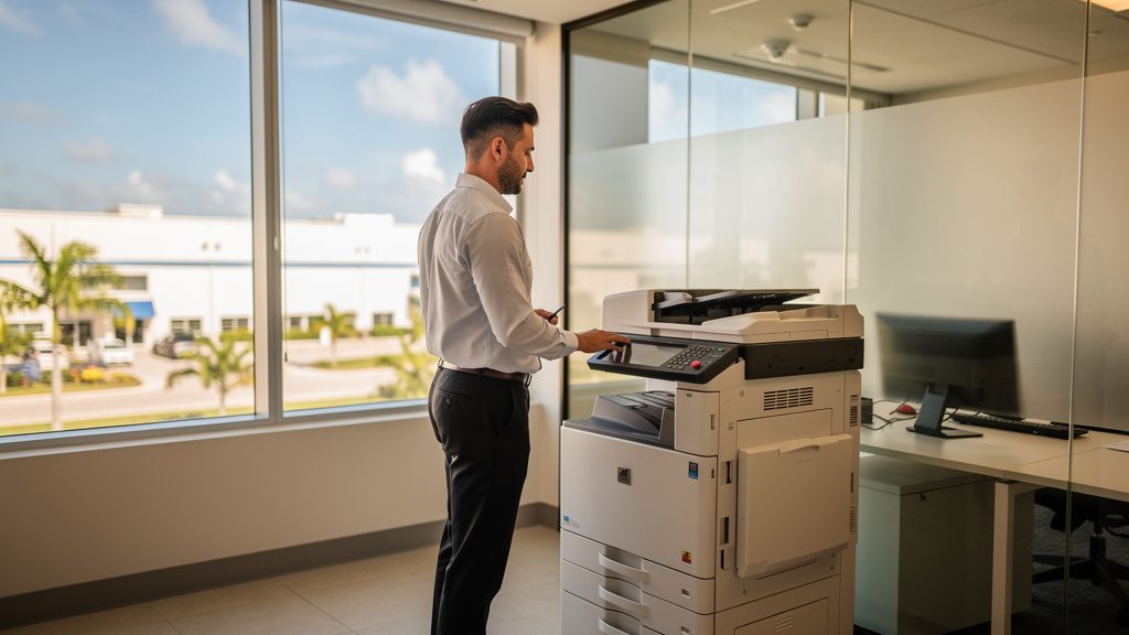 Professional beside an office copier in a Ojus business office in South Florida