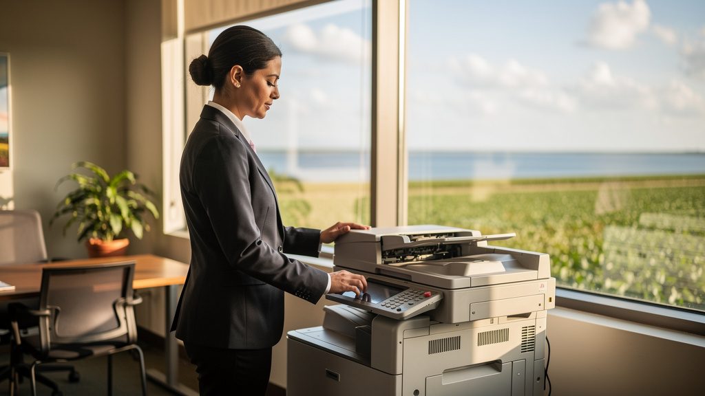 Professional beside an office copier in a Pahokee business office in South Florida