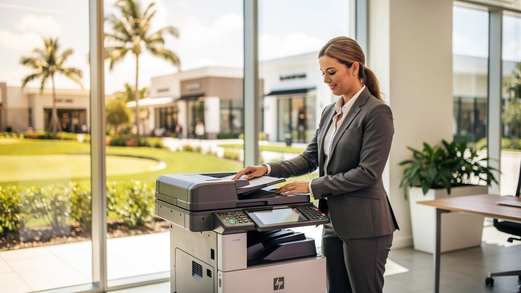 Professional beside an office copier in a Palm Beach Gardens business office in South Florida