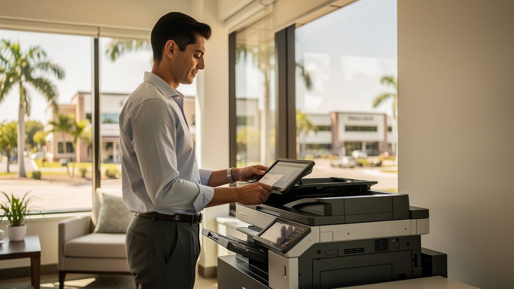 Professional beside an office copier in a Palm Springs business office in South Florida