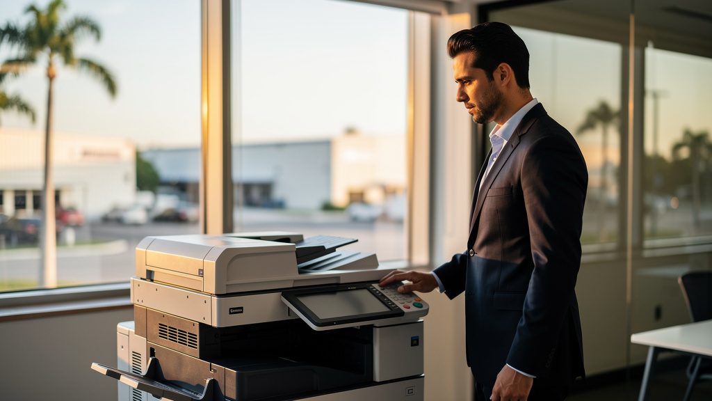 Professional beside an office copier in a Pembroke Park business office in South Florida