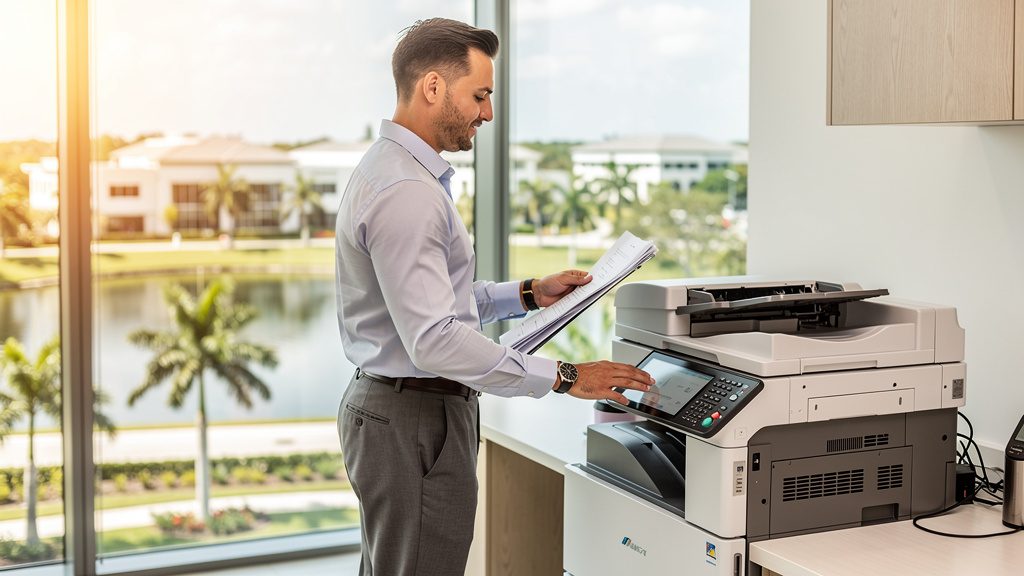 Professional beside an office copier in a Pembroke Pines business office in South Florida