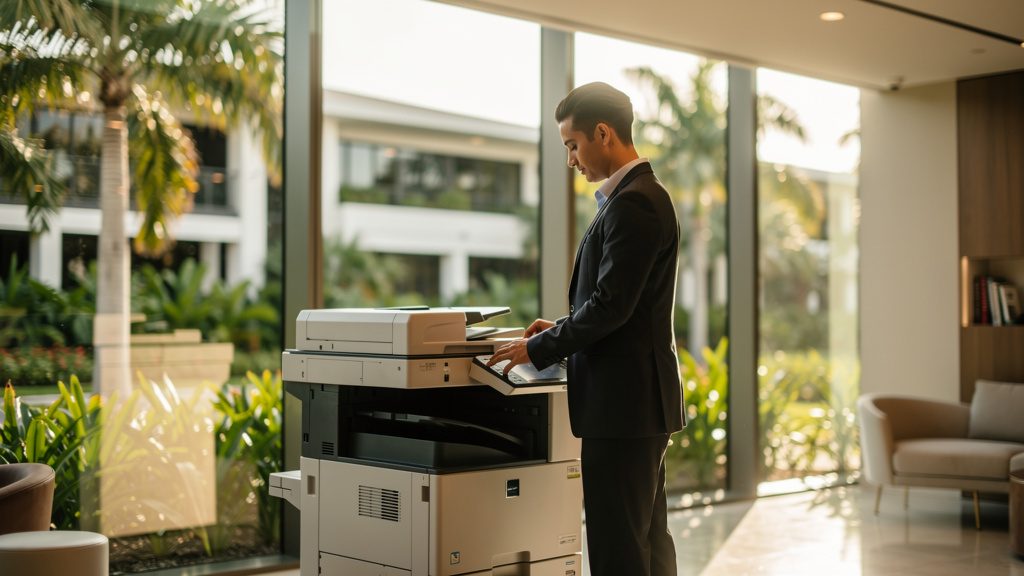 Professional beside an office copier in a Pinecrest business office in South Florida