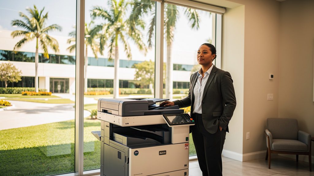 Professional beside an office copier in a Plantation business office in South Florida