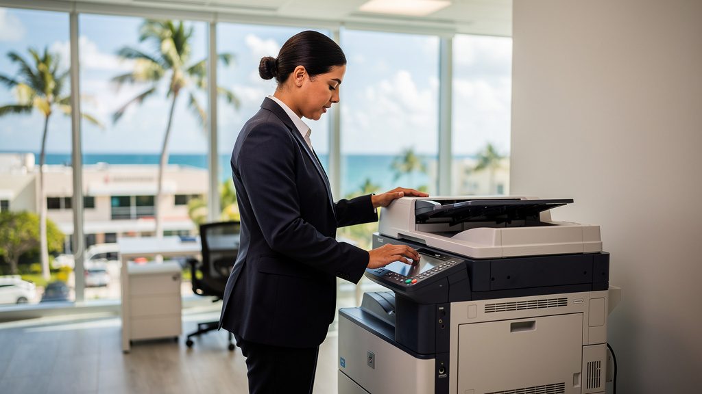 Professional beside an office copier in a Pompano Beach business office in South Florida