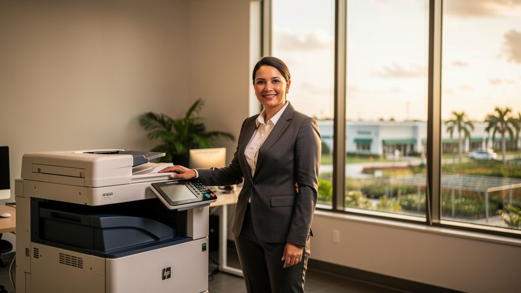 Professional beside an office copier in a Princeton business office in South Florida