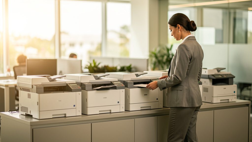 Employee collecting a printout from leased workgroup printers in a South Florida office