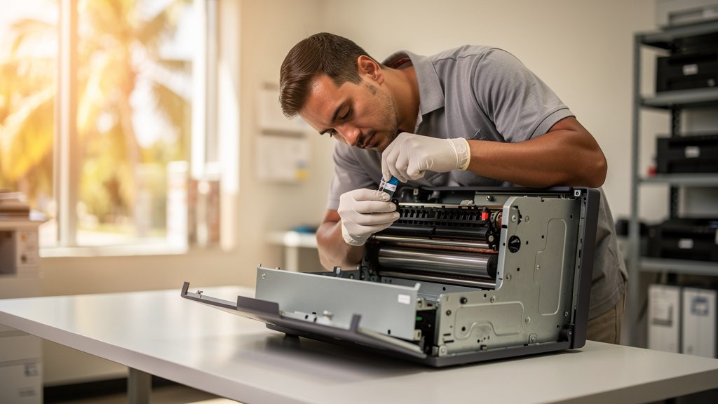Technician inspecting a certified refurbished commercial copier on a workbench