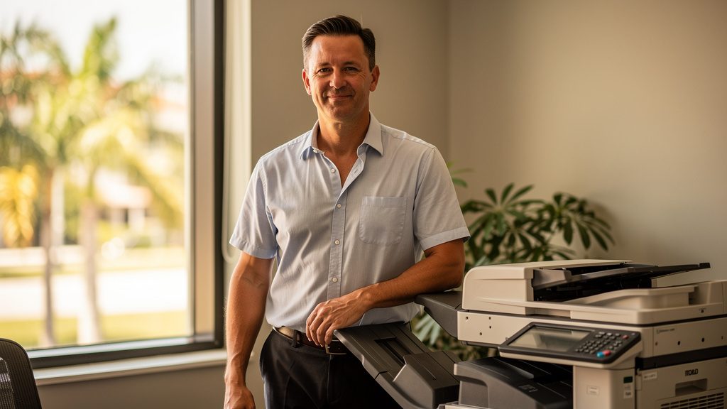 Small-business owner standing beside their rent-to-own office copier in South Florida