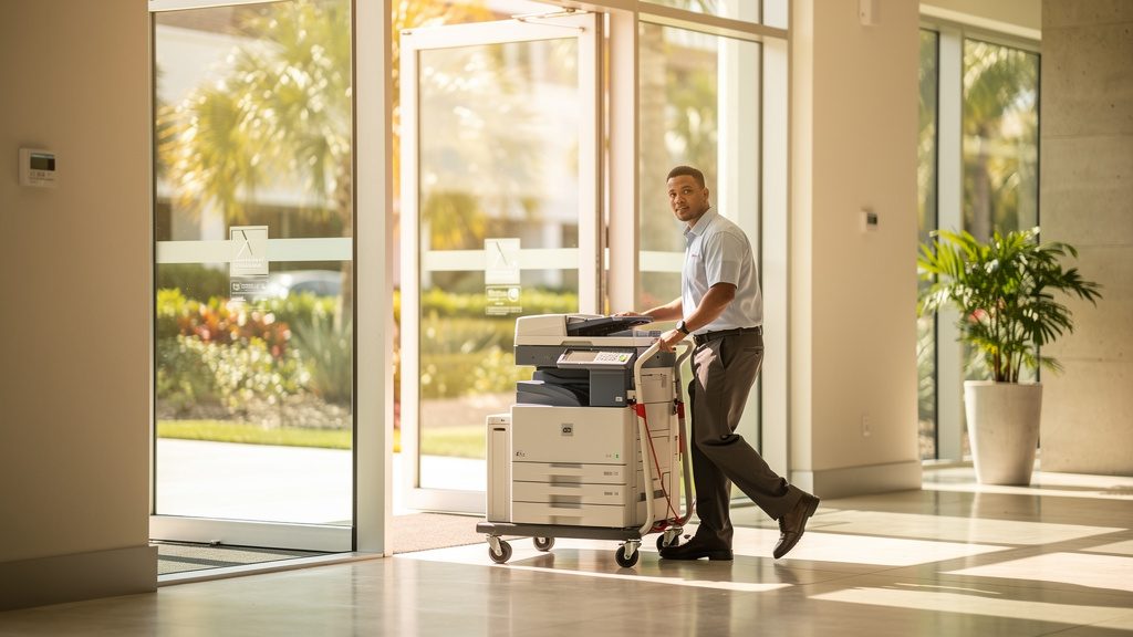 Technician delivering a rental copier on a dolly into a South Florida office