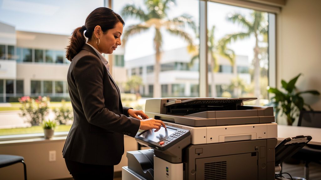 Professional beside an office copier in a Richmond West business office in South Florida
