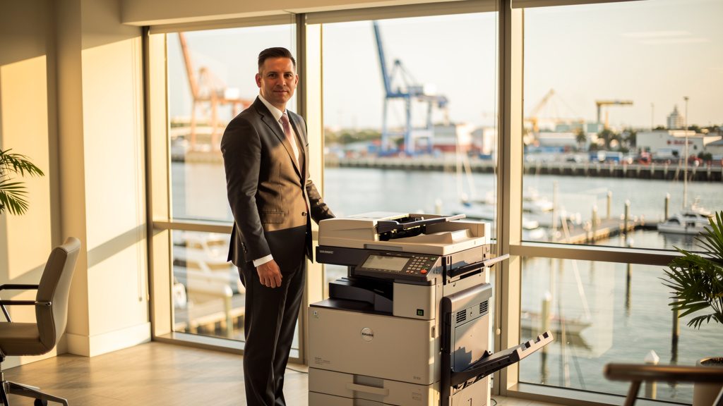 Professional beside an office copier in a Riviera Beach business office in South Florida