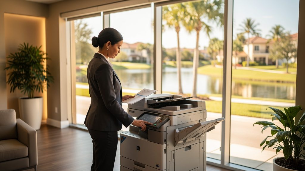 Professional beside an office copier in a Royal Palm Beach business office in South Florida