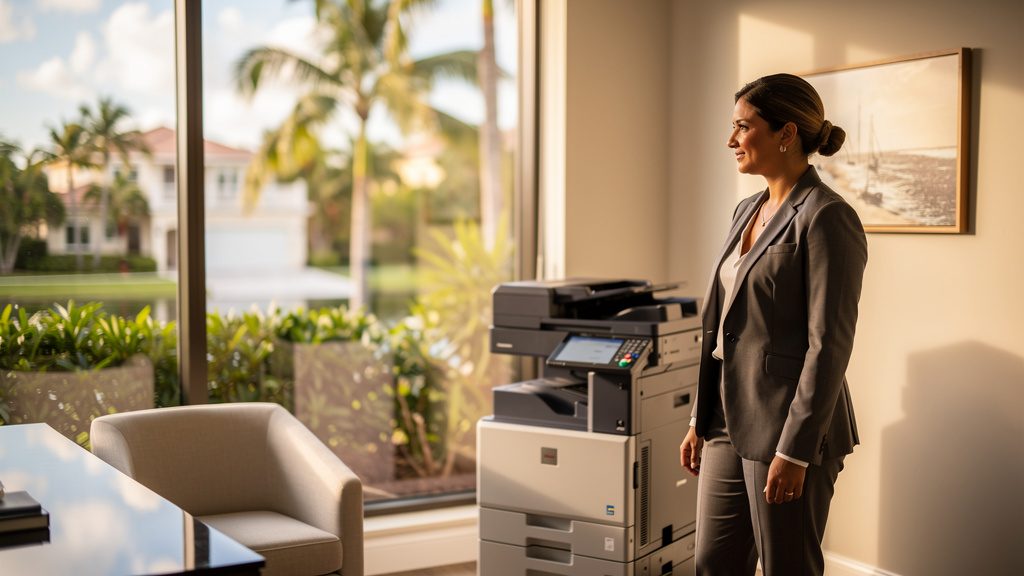 Professional beside an office copier in a Sea Ranch Lakes business office in South Florida