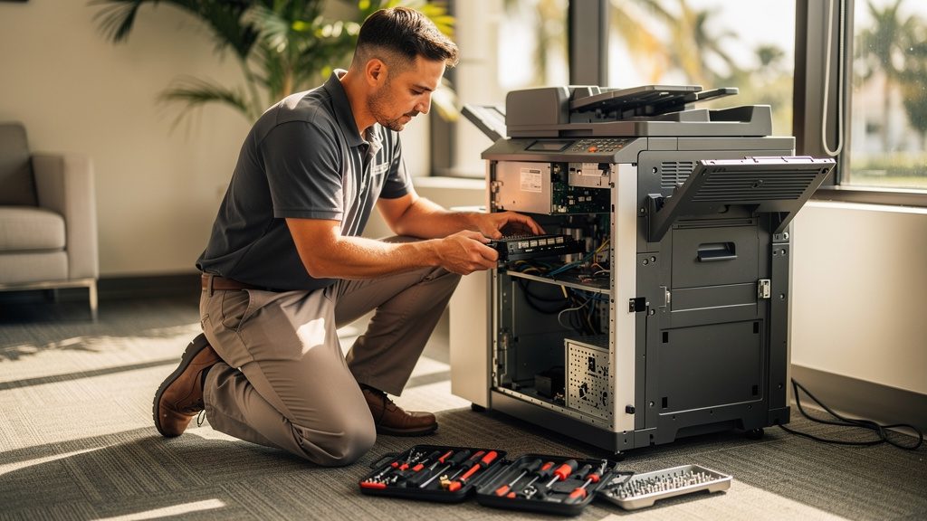 Service technician repairing an open commercial copier in a South Florida office